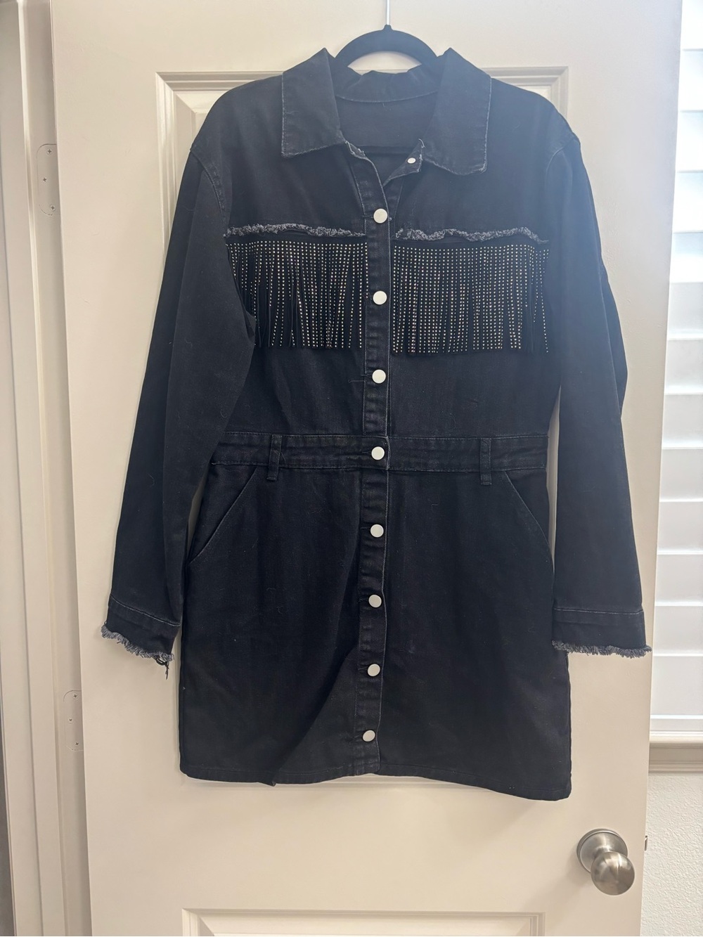 Black Denim Button-Front Dress with Fringe Rhinestone Detail